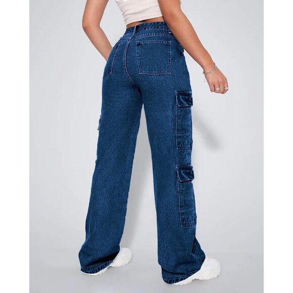 Women's High Waist Cargo Jeans Denim Wide Leg Flap Pocket Streetwear - Picture 3 of 6